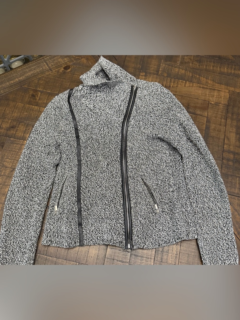 New York & Company Black and White Knit Zip Jacket